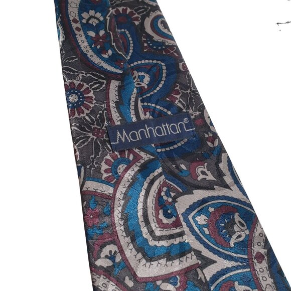 Manhattan Vintage Designer Floral Blue Maroon Silver Work Office Necktie Tie - Picture 4 of 5